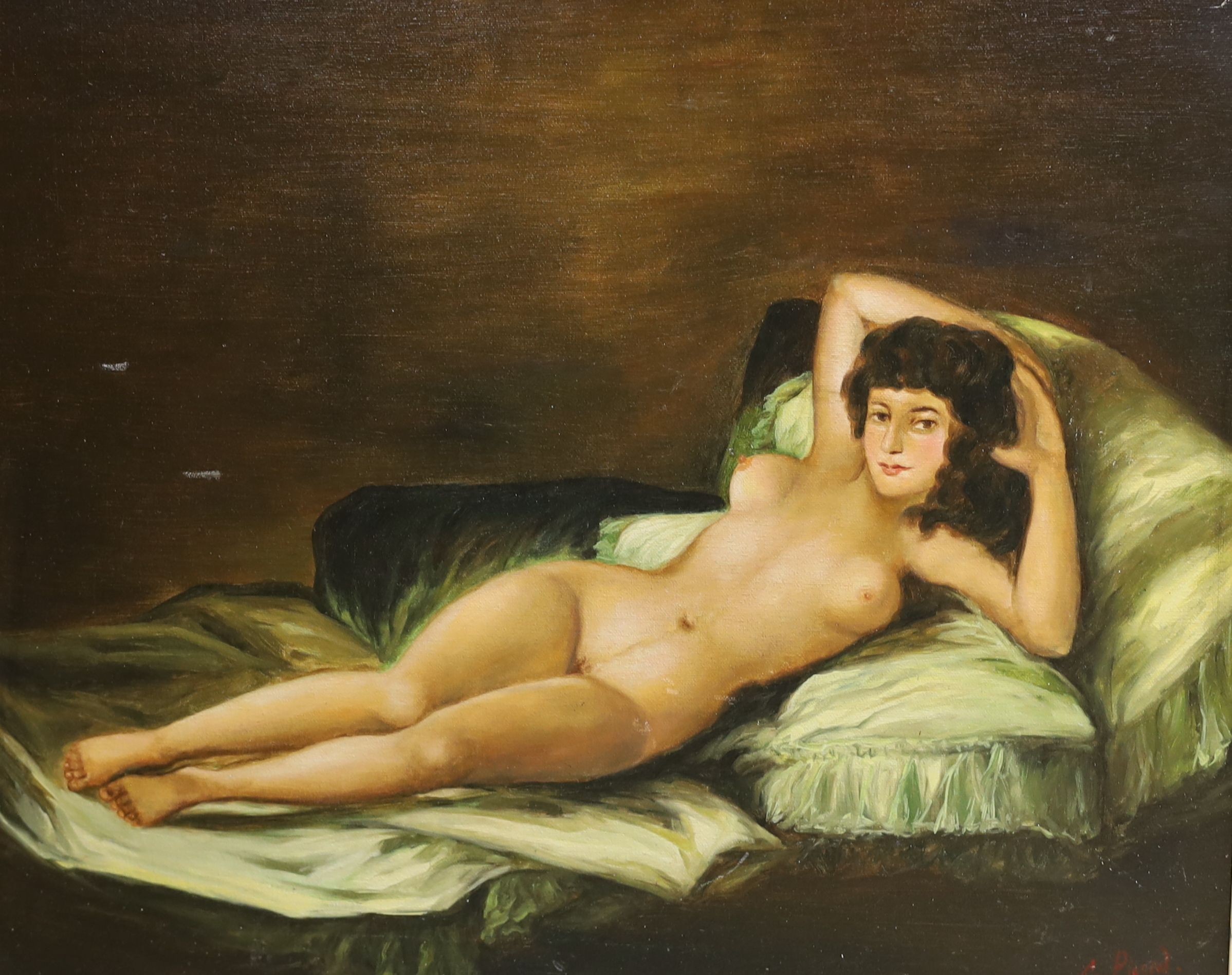 After Goya, oil on board, La Maja desnuda, 42 x 50cm